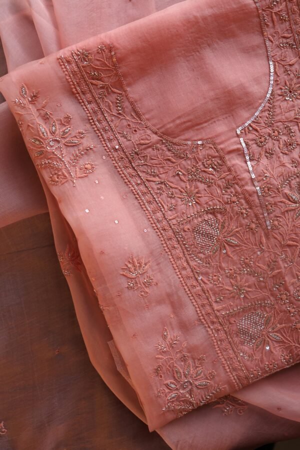 Peach Noor Organza Silk Chikankari Unstitched Kurta Dupatta Set - Image 5