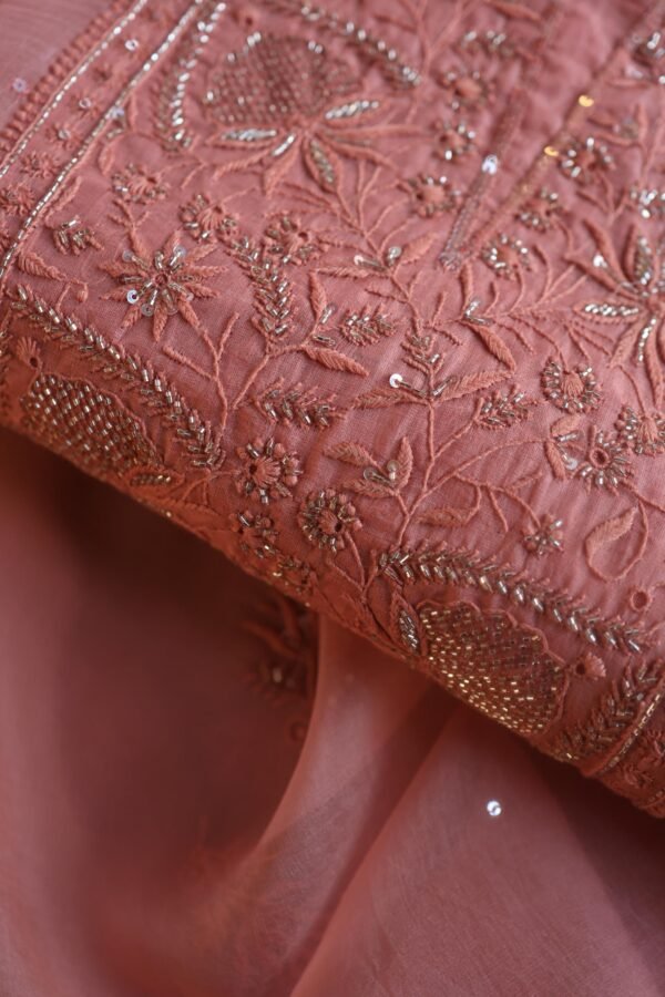 Peach Noor Organza Silk Chikankari Unstitched Kurta Dupatta Set - Image 2