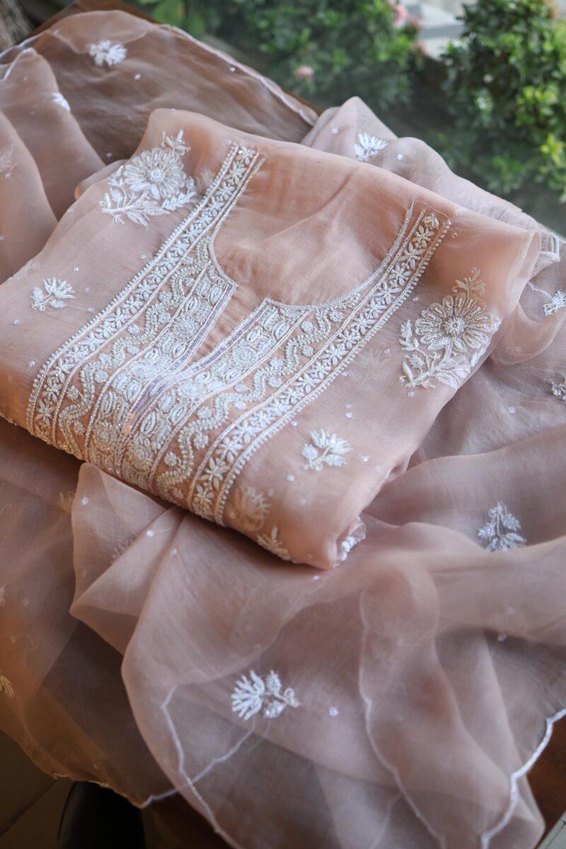 Peach Noor Organza Silk Chikankari Unstitched Kurta Dupatta Set