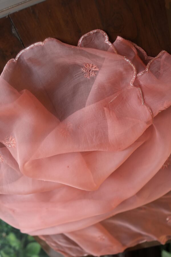 Peach Noor Organza Silk Chikankari Unstitched Kurta Dupatta Set - Image 13
