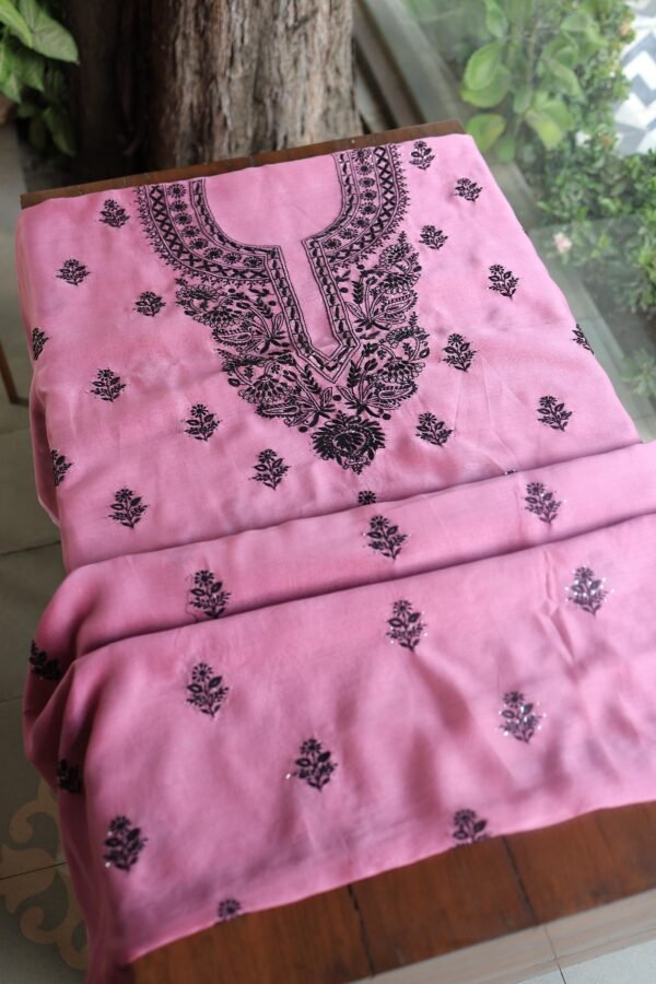 Pink & Black Mal Cotton Chikankari Unstitched Kurta Dupatta Fabrics With Kamdani - Image 2