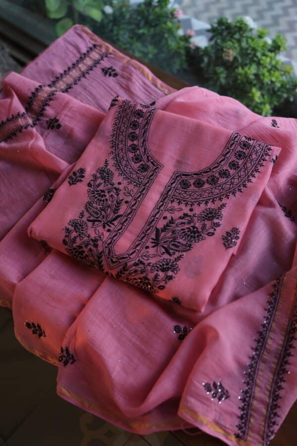 Pink & Black Mal Cotton Chikankari Unstitched Kurta Dupatta Fabrics With Kamdani