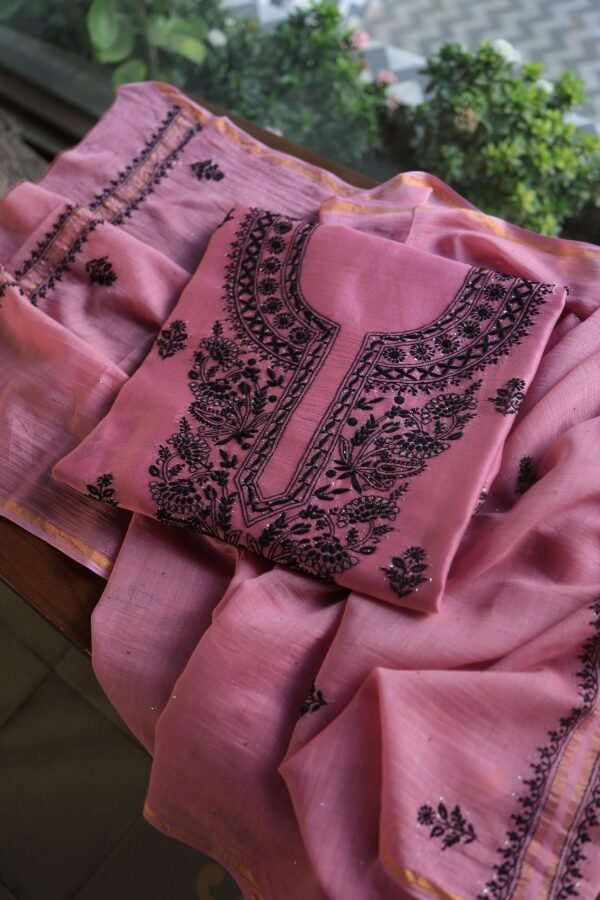 Pink & Black Mal Cotton Chikankari Unstitched Kurta Dupatta Fabrics With Kamdani - Image 11