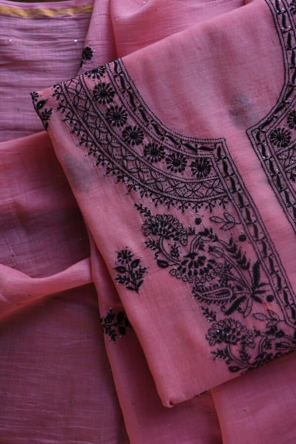 Pink & Black Mal Cotton Chikankari Unstitched Kurta Dupatta Fabrics With Kamdani - Image 3