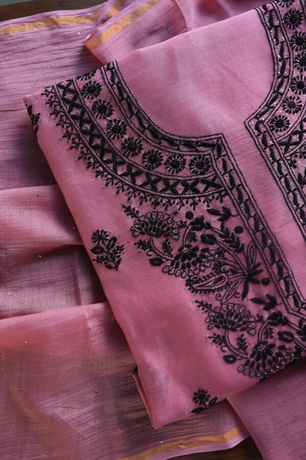 Pink & Black Mal Cotton Chikankari Unstitched Kurta Dupatta Fabrics With Kamdani - Image 12