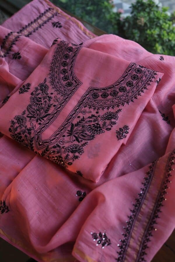 Pink & Black Mal Cotton Chikankari Unstitched Kurta Dupatta Fabrics With Kamdani - Image 8