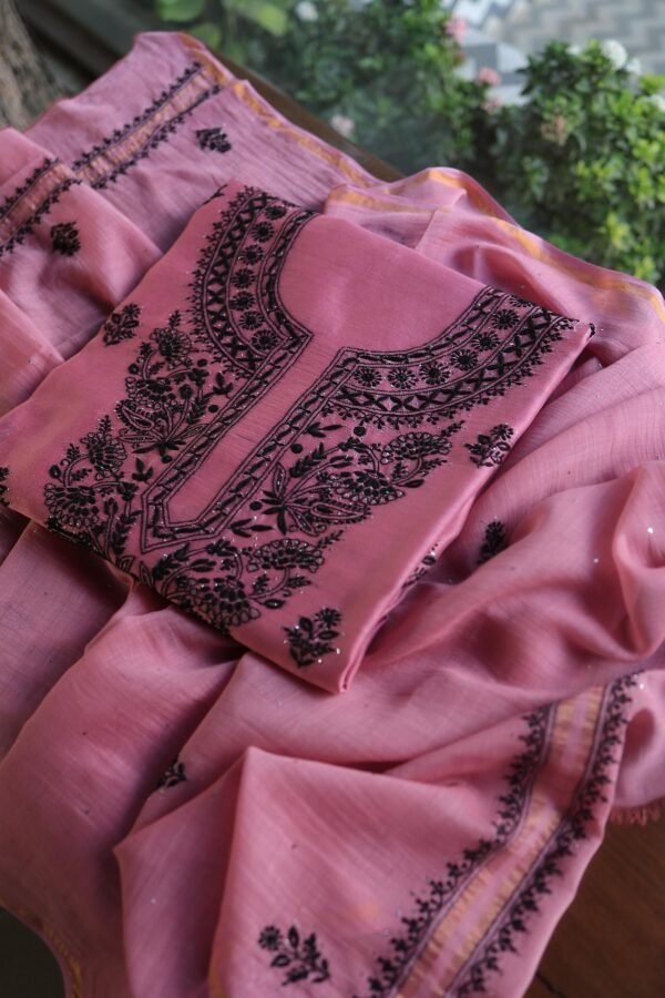 Pink & Black Mal Cotton Chikankari Unstitched Kurta Dupatta Fabrics With Kamdani - Image 13