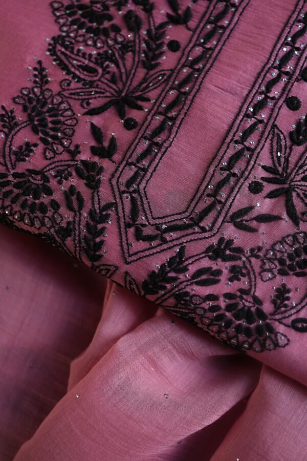 Pink & Black Mal Cotton Chikankari Unstitched Kurta Dupatta Fabrics With Kamdani - Image 14
