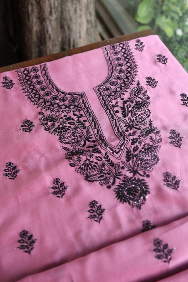 Pink & Black Mal Cotton Chikankari Unstitched Kurta Dupatta Fabrics With Kamdani - Image 4