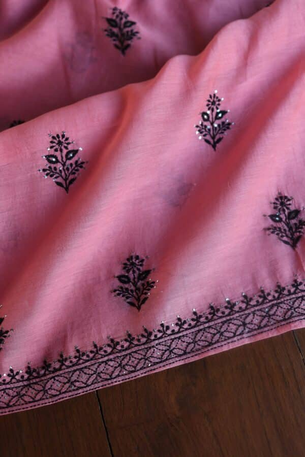 Pink & Black Mal Cotton Chikankari Unstitched Kurta Dupatta Fabrics With Kamdani - Image 11