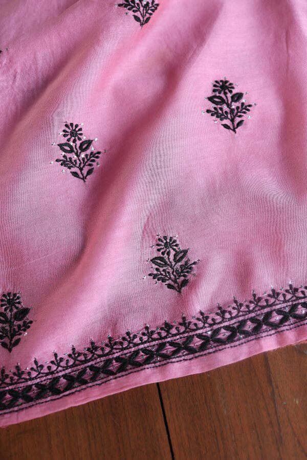 Pink & Black Mal Cotton Chikankari Unstitched Kurta Dupatta Fabrics With Kamdani - Image 6