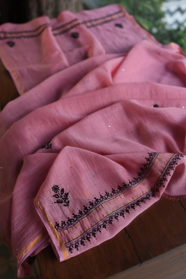 Pink & Black Mal Cotton Chikankari Unstitched Kurta Dupatta Fabrics With Kamdani - Image 7