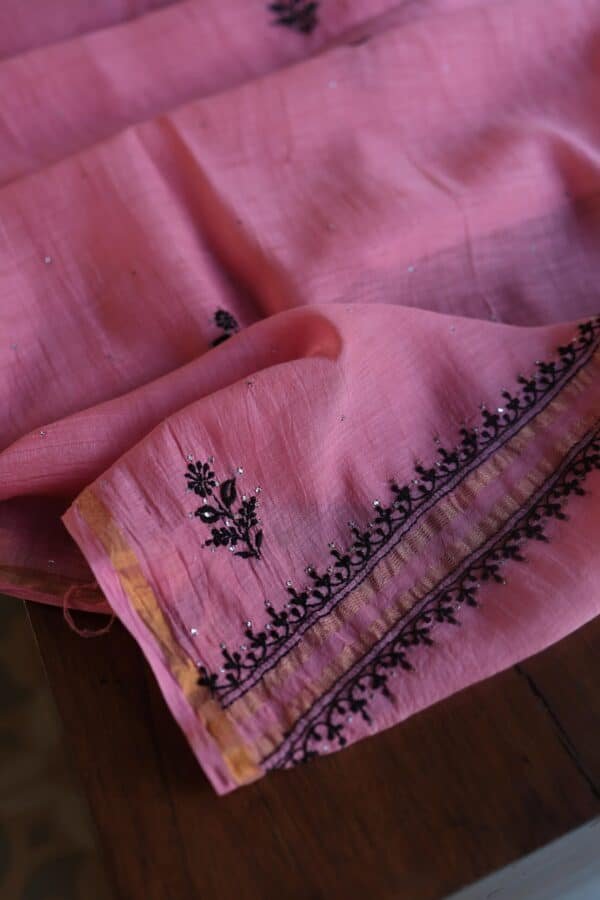 Pink & Black Mal Cotton Chikankari Unstitched Kurta Dupatta Fabrics With Kamdani - Image 12