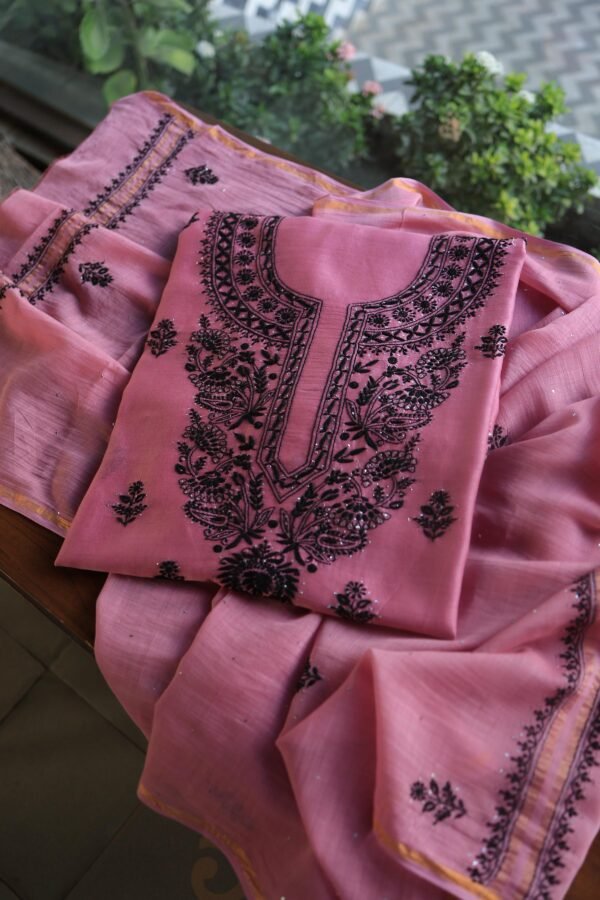 Pink & Black Mal Cotton Chikankari Unstitched Kurta Dupatta Fabrics With Kamdani - Image 9