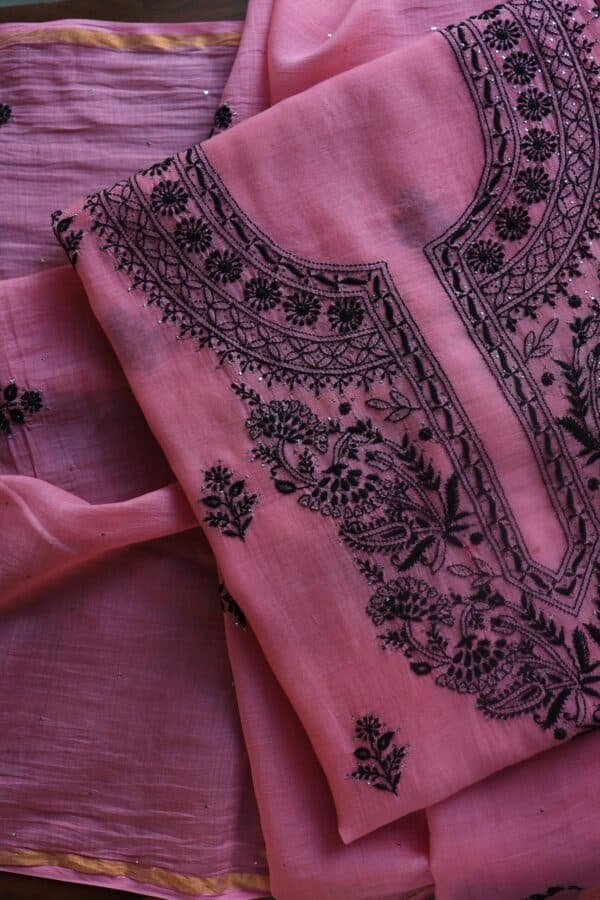 Pink & Black Mal Cotton Chikankari Unstitched Kurta Dupatta Fabrics With Kamdani - Image 6