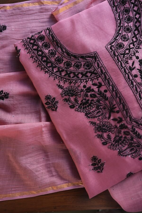 Pink & Black Mal Cotton Chikankari Unstitched Kurta Dupatta Fabrics With Kamdani