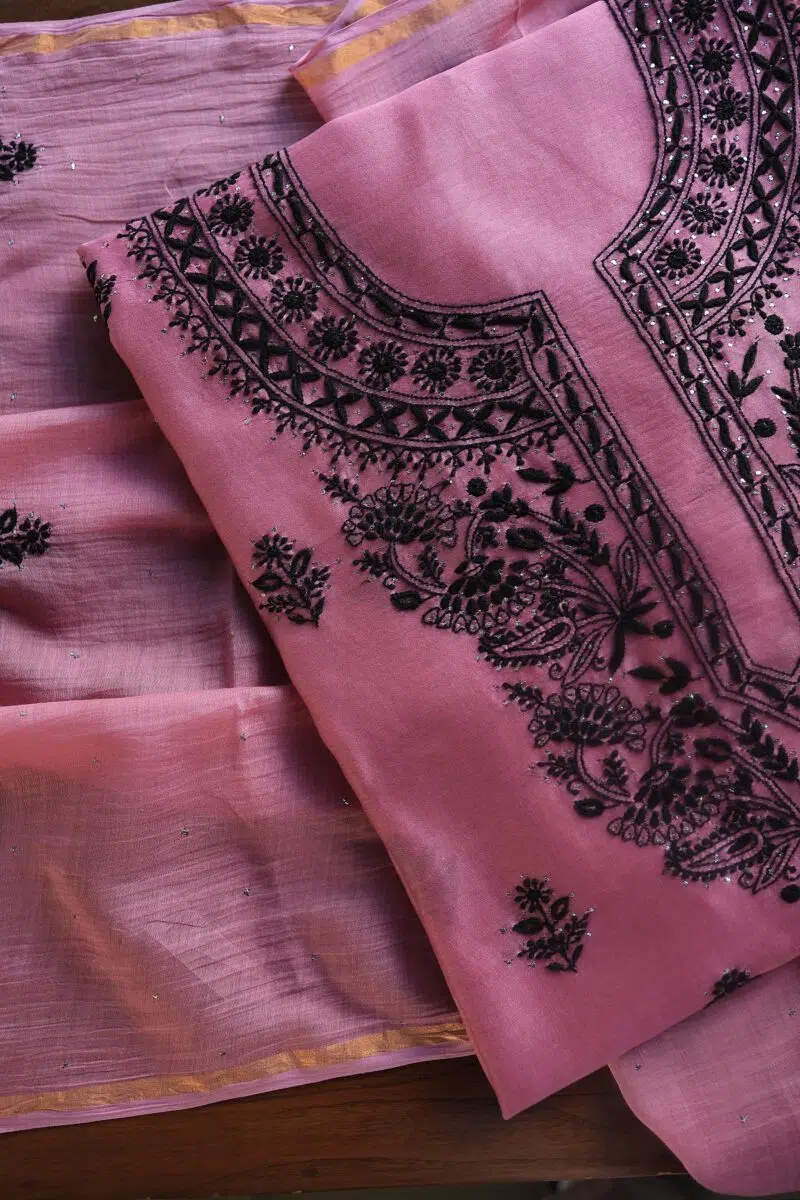 Pink & Black Mal Cotton Chikankari Unstitched Kurta Dupatta Fabrics With Kamdani