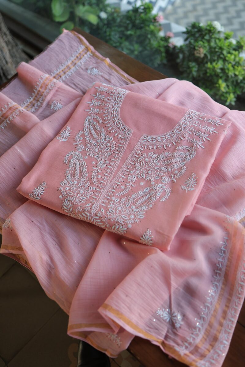 Pink Mal Cotton Chikankari Unstitched Kurta Dupatta Fabrics With Kamdani