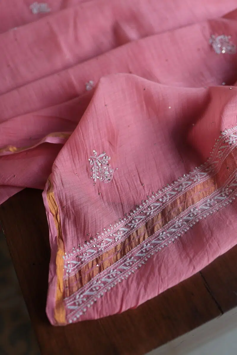 Pink Mal Cotton Chikankari Unstitched Kurta Dupatta Fabrics With Kamdani