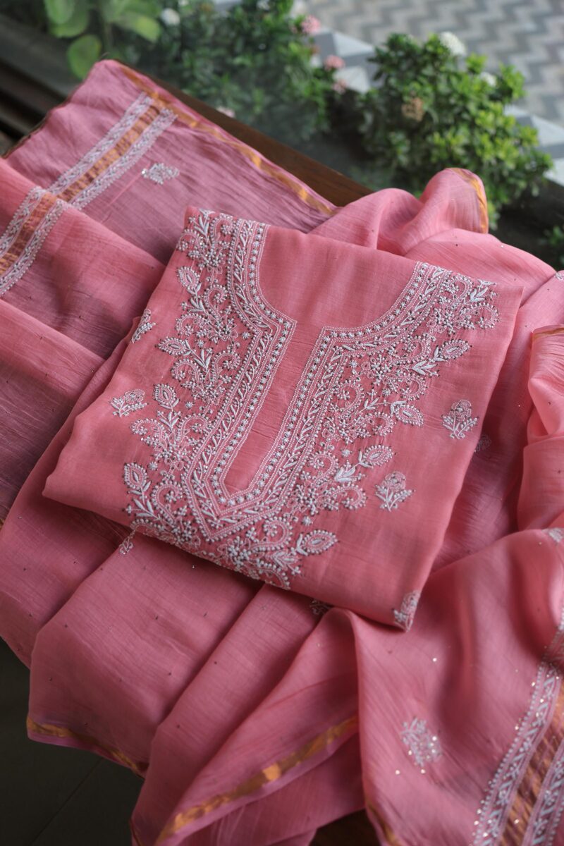Pink Mal Cotton Chikankari Unstitched Kurta Dupatta Fabrics With Kamdani