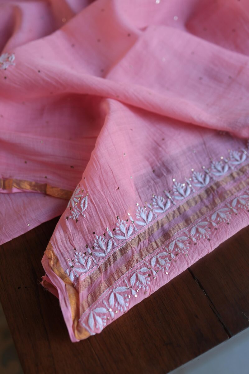 Pink Mal Cotton Chikankari Unstitched Kurta Dupatta Fabrics With Kamdani