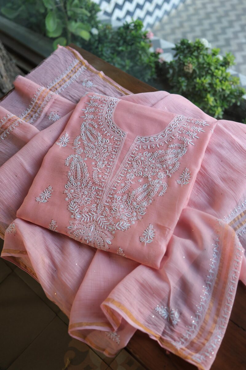 Pink Mal Cotton Chikankari Unstitched Kurta Dupatta Fabrics With Kamdani