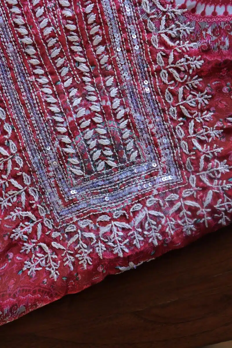 Pink Muslin Chikankari Unstitched Kurta Fabrics