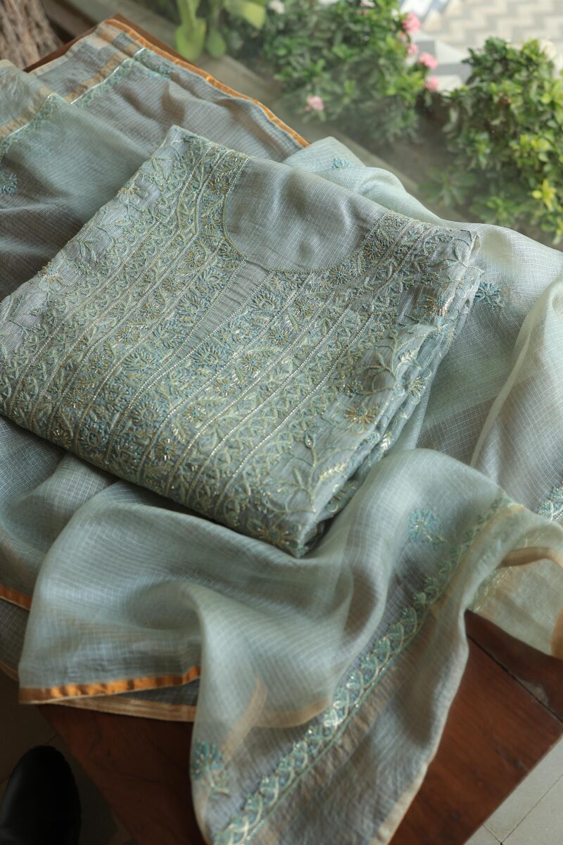 Powder Ash Shade Rasm Kota Tussar Chikankari Unstitched Chikankari Fabrics