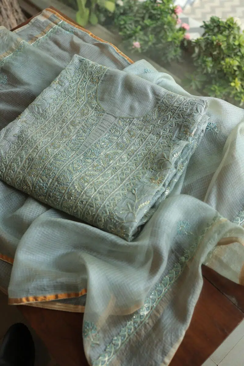Powder Ash Shade Rasm Kota Tussar Chikankari Unstitched Chikankari Fabrics