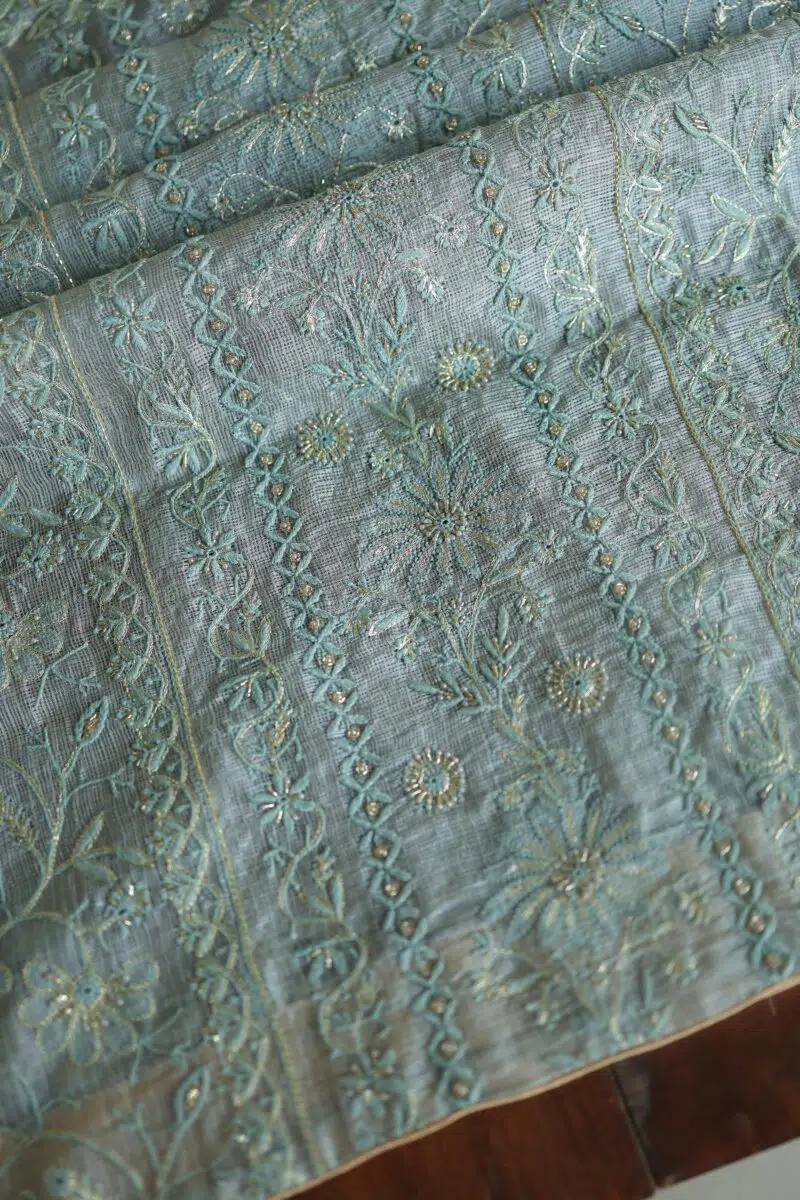 Powder Ash Shade Rasm Kota Tussar Chikankari Unstitched Chikankari Fabrics