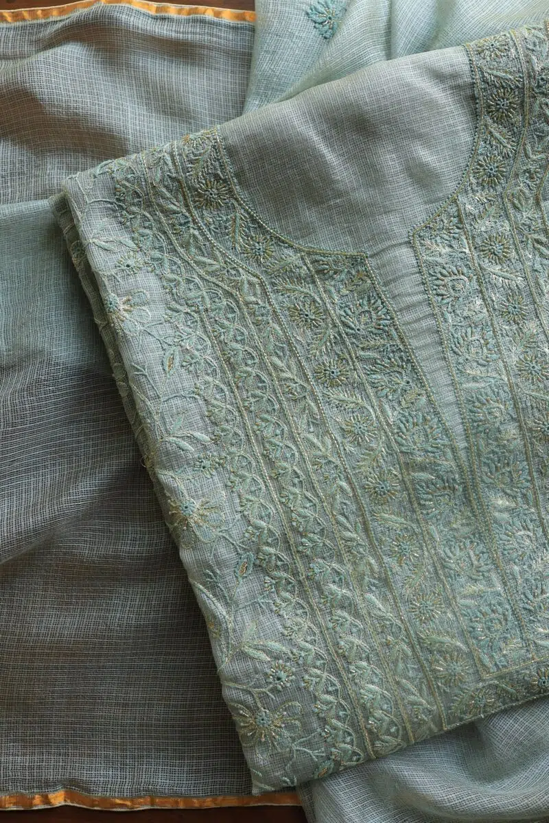 Powder Ash Shade Rasm Kota Tussar Chikankari Unstitched Chikankari Fabrics