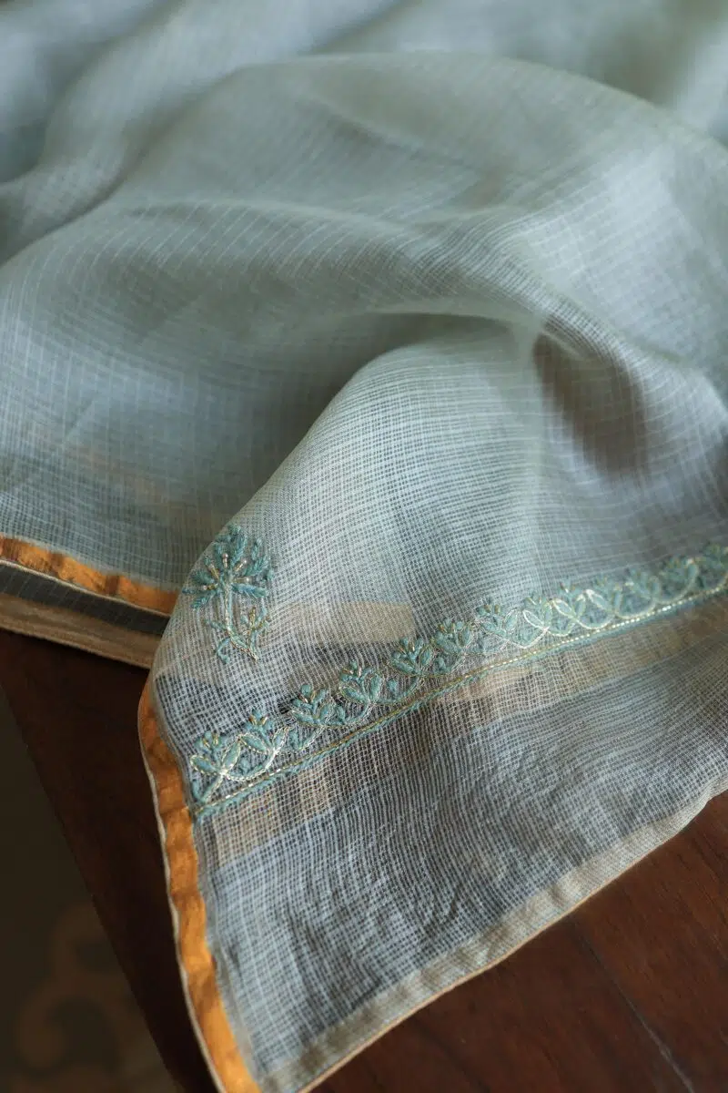 Powder Ash Shade Rasm Kota Tussar Chikankari Unstitched Chikankari Fabrics
