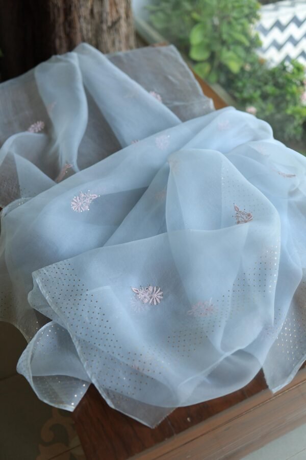 Powder Blue Noor Organza Silk Chikankari Unstitched Kurta Dupatta Set - Image 11