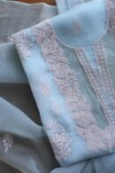 Powder Blue Noor Organza Silk Chikankari Unstitched Kurta Dupatta Set