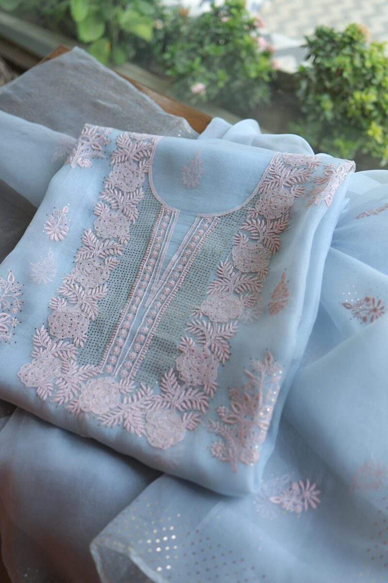 Powder Blue Noor Organza Silk Chikankari Unstitched Kurta Dupatta Set