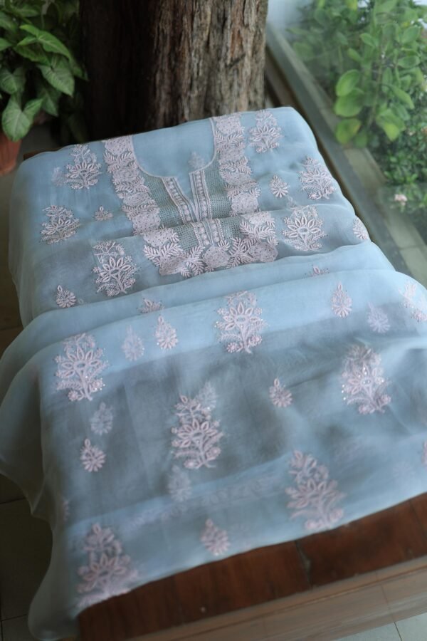 Powder Blue Noor Organza Silk Chikankari Unstitched Kurta Dupatta Set - Image 8