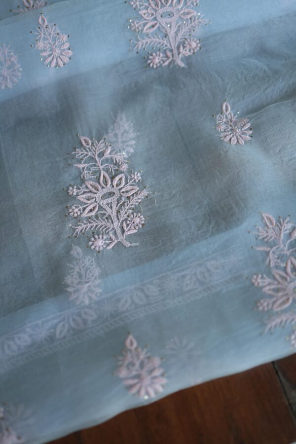 Powder Blue Noor Organza Silk Chikankari Unstitched Kurta Dupatta Set - Image 12