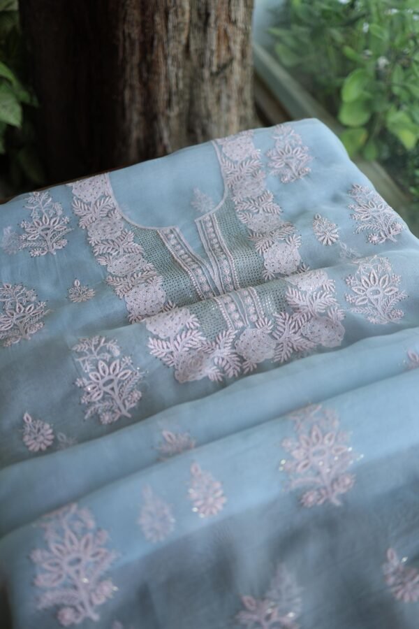 Powder Blue Noor Organza Silk Chikankari Unstitched Kurta Dupatta Set - Image 7
