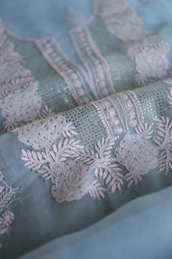 Powder Blue Noor Organza Silk Chikankari Unstitched Kurta Dupatta Set - Image 9