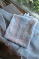 Powder Blue Noor Organza Silk Chikankari Unstitched Kurta Dupatta Set
