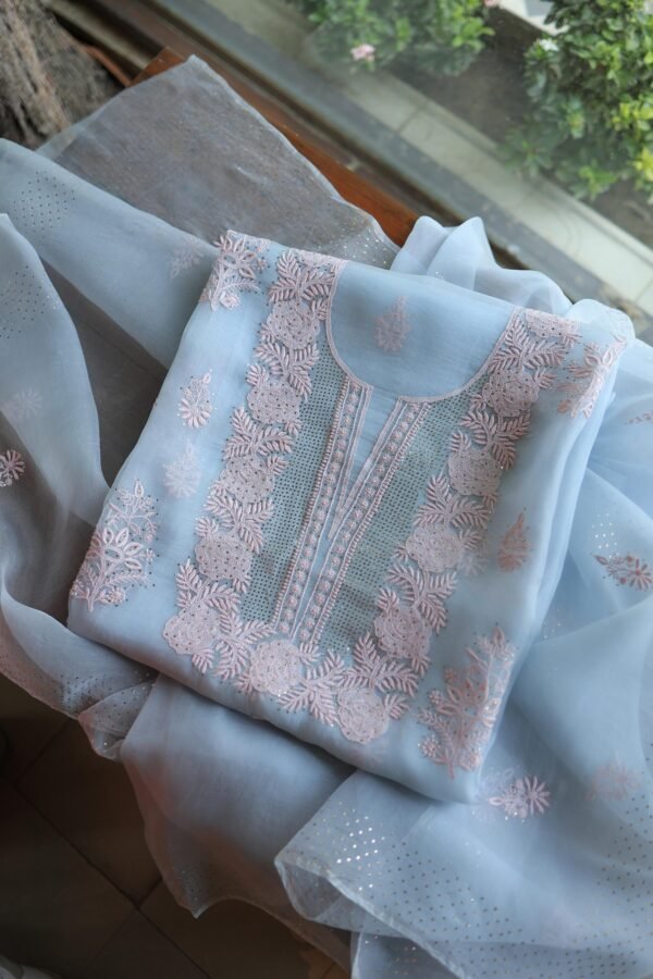 Powder Blue Noor Organza Silk Chikankari Unstitched Kurta Dupatta Set - Image 6