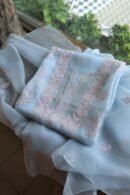 Powder Blue Noor Organza Silk Chikankari Unstitched Kurta Dupatta Set