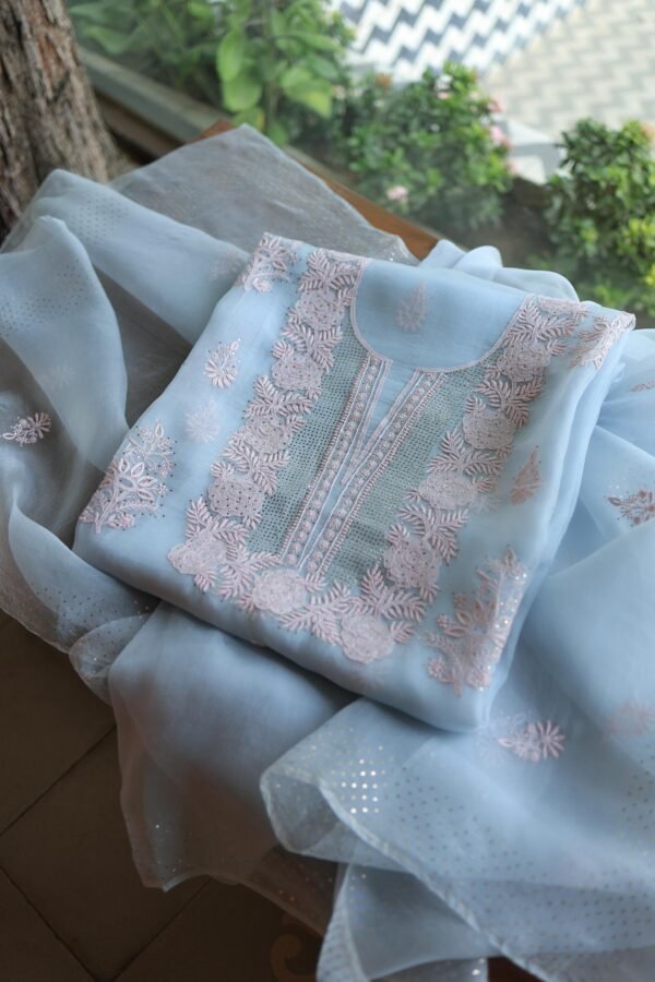Powder Blue Noor Organza Silk Chikankari Unstitched Kurta Dupatta Set - Image 4