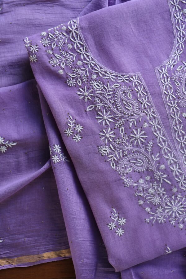 Purple Mal Cotton Chikankari Unstitched Kurta Dupatta Fabrics With Kamdani - Image 12