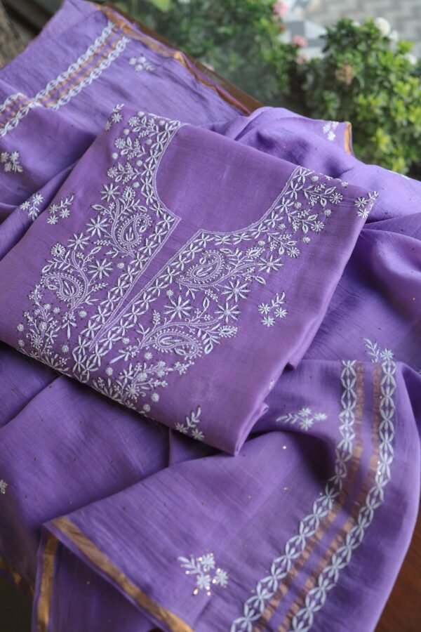 Purple Mal Cotton Chikankari Unstitched Kurta Dupatta Fabrics With Kamdani