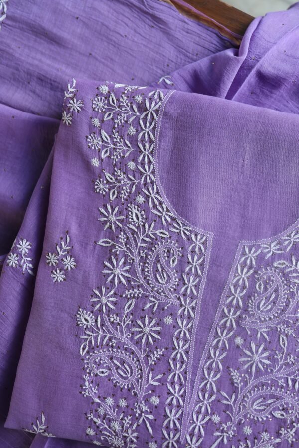 Purple Mal Cotton Chikankari Unstitched Kurta Dupatta Fabrics With Kamdani - Image 5