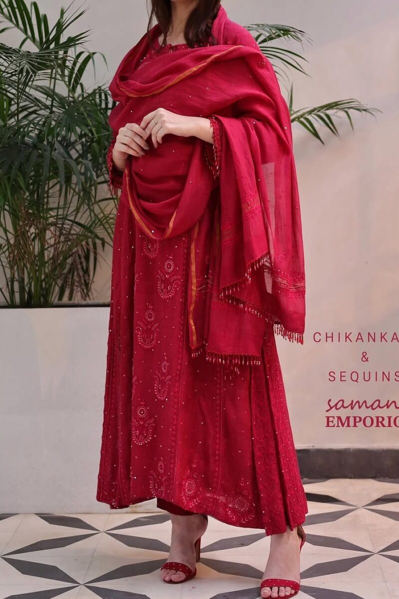 Ruby Red Malmal Pearl Work Chikankari Anarkali With Dupatta