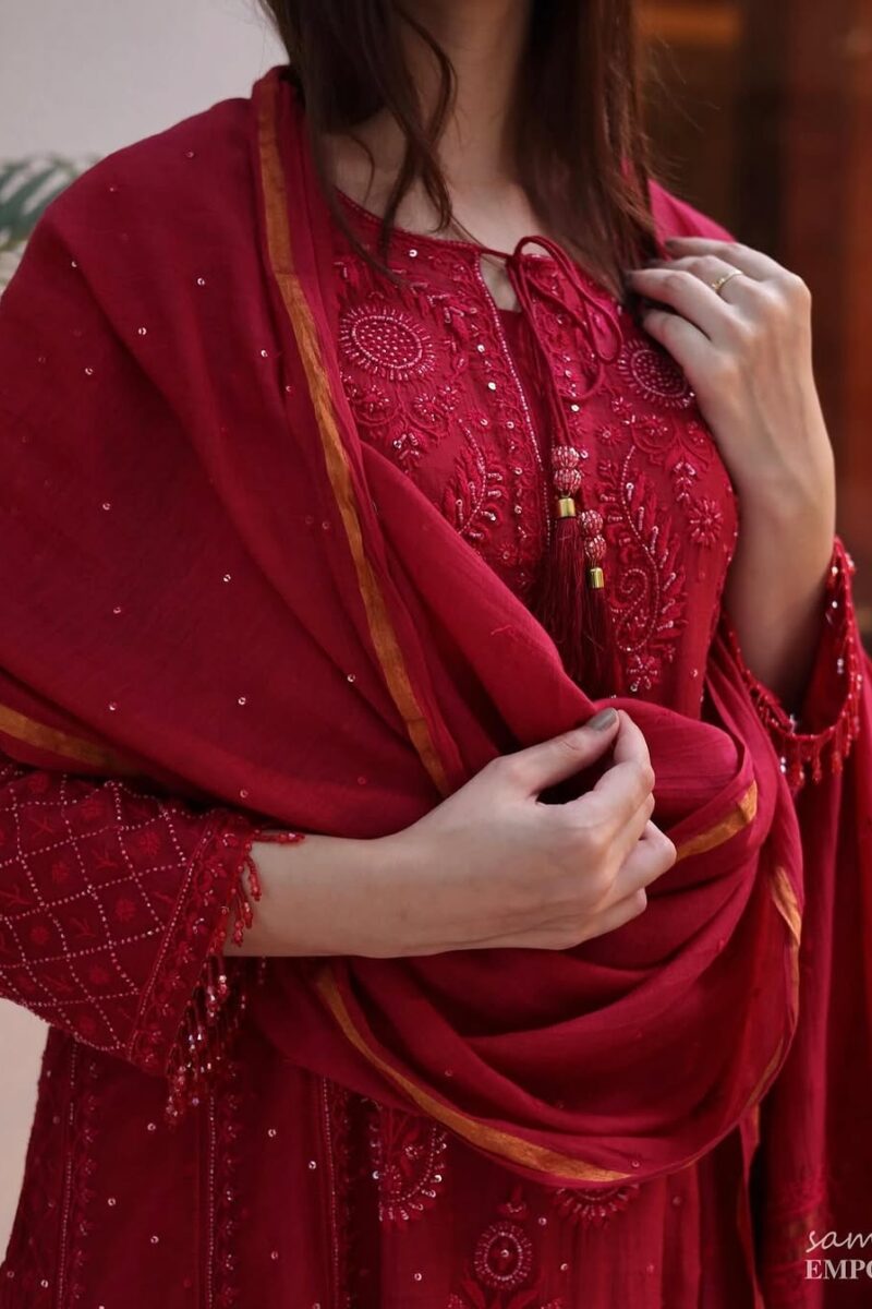 Ruby Red Malmal Pearl Work Chikankari Anarkali With Dupatta