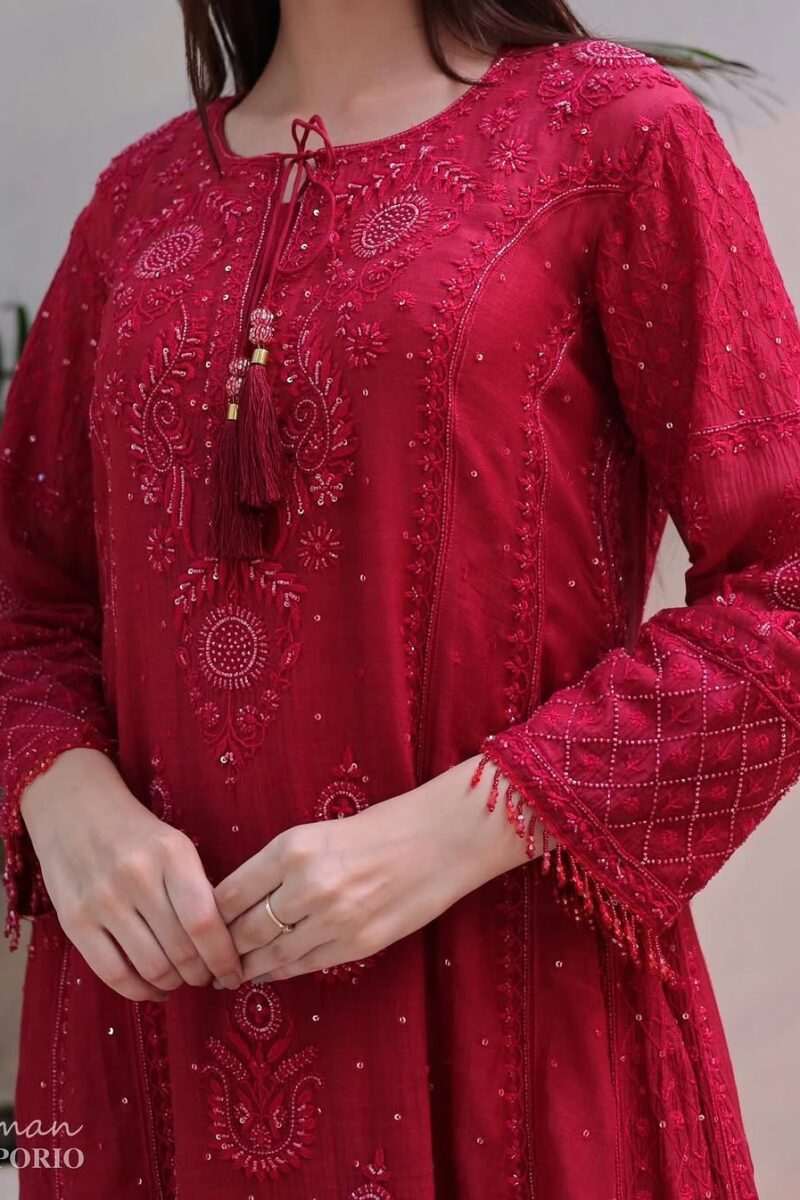 Ruby Red Malmal Pearl Work Chikankari Anarkali With Dupatta