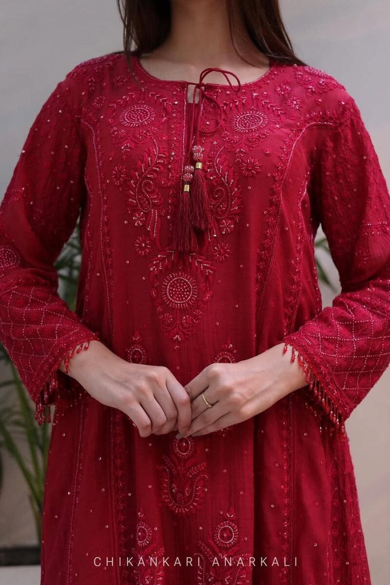 Ruby Red Malmal Pearl Work Chikankari Anarkali With Dupatta